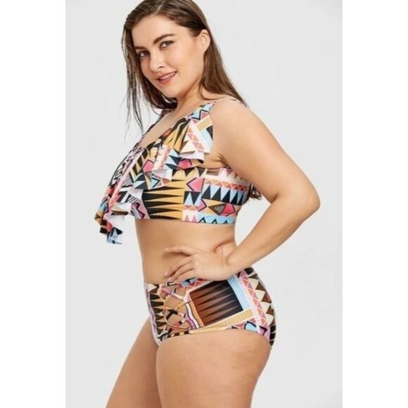 Plus Size Tribal Print Ruffle Bikini Top & Bottom Set Size 26 - Picture 8 of 14